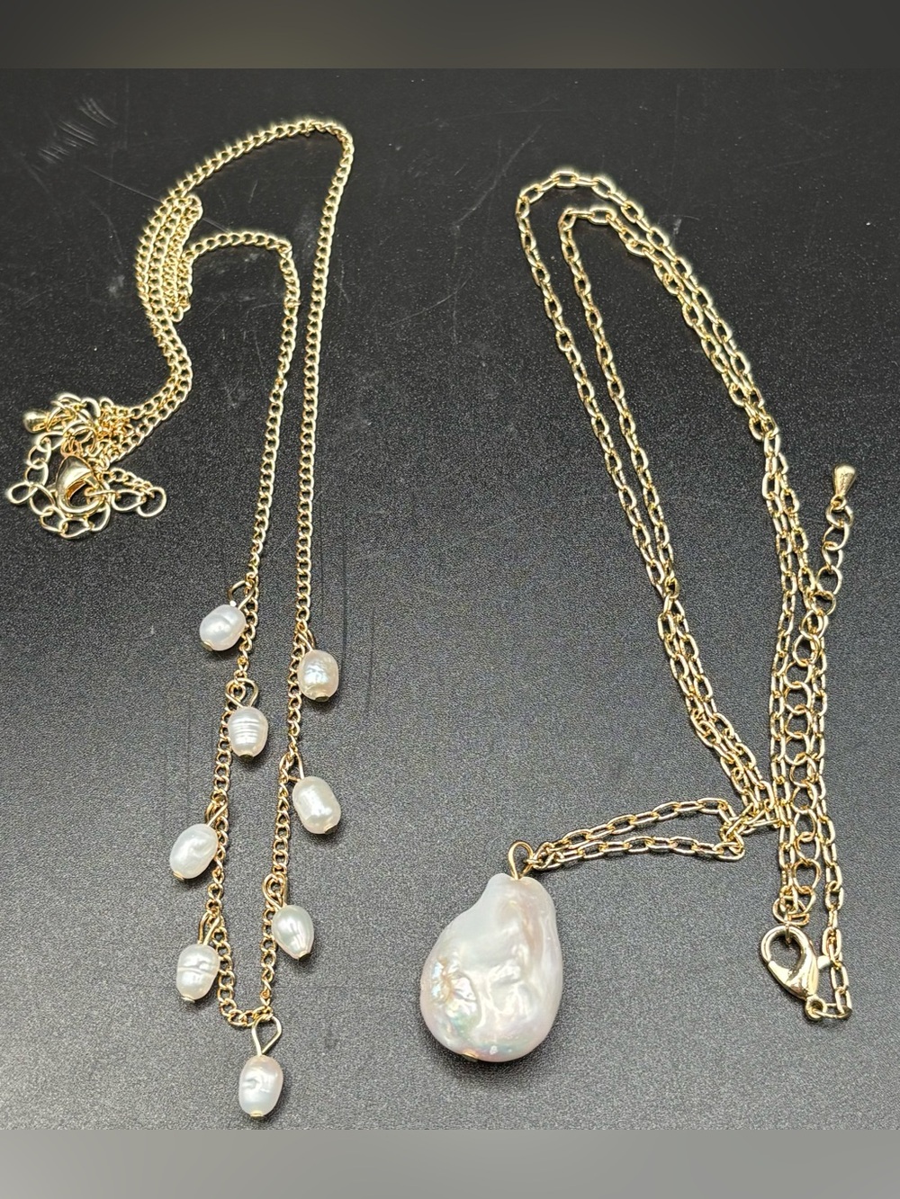 2 Cultured Freshwater Pearl Necklaces Baroque Drop Pendant & Fringe Gold Tone